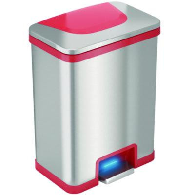 Step Pedal-Sensor Trash Can, 13 Gal, Plastic/Stainless Steel, Silver/Red