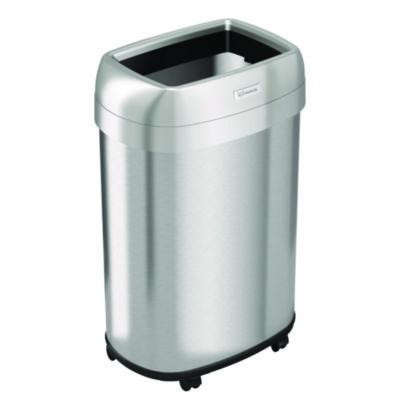 Open Top Trash Can With Wheels, Oval, 13 Gal, Plastic/Stainless Steel, Silver