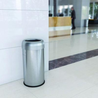 Open Top Trash Can, Round, 16 Gal, Plastic/Stainless Steel, Silver