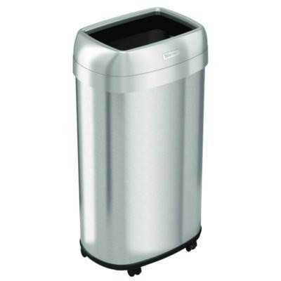 Open Top Trash Can With Wheels, Oval, 16 Gal, Plastic/Stainless Steel, Silver
