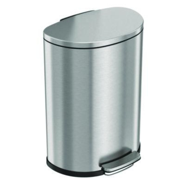 Step Pedal Trash Can, 13 Gal, Half-Round Plastic/Stainless Steel, Silver