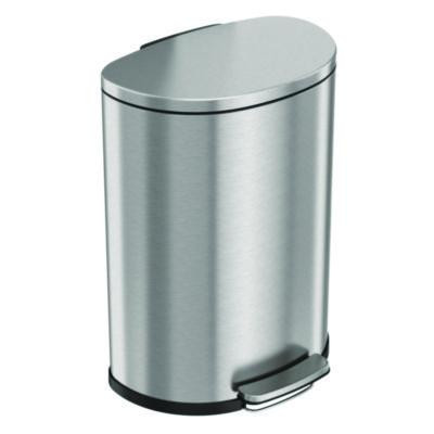 Step Pedal Trash Can, 13 Gal, Half-Round Plastic/Stainless Steel, Silver