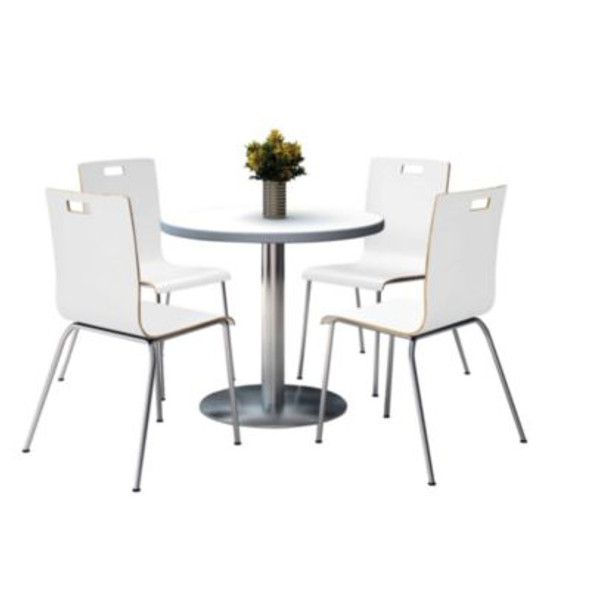 Pedestal Table With Four White Jive Series Chairs, Round, 36" Dia x 29h, Crisp Linen