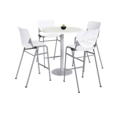 Pedestal Bistro Table With Four White Kool Series Barstools, Round, 36" Dia x 41h, Designer White