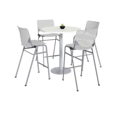Pedestal Bistro Table With Four Light Gray Kool Series Barstools, Round, 36" Dia x 41h, Designer White
