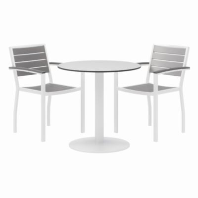 Eveleen Outdoor Patio Table With Two Gray Powder-Coated Polymer Chairs, 30" Dia x 29h, Designer White