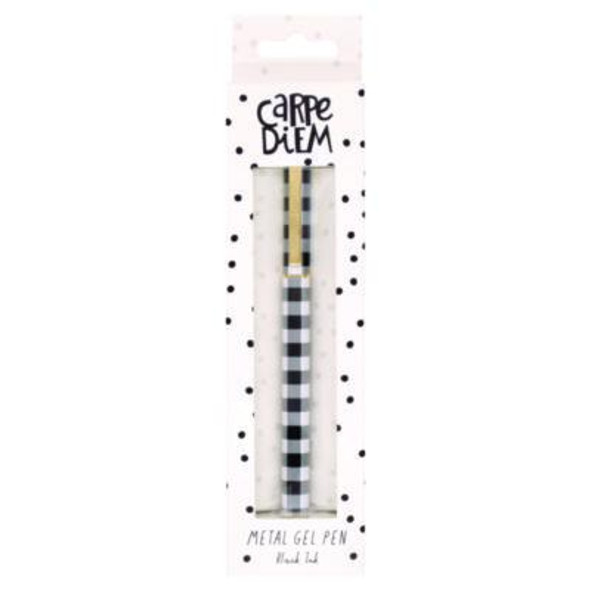 Carpe Diem Metal Gel Pen, Stick, Medium 0.7 Mm, Black Ink, Black/White Check Barrel, 6/Pack