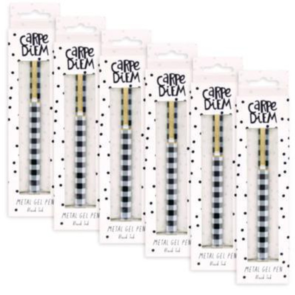 Carpe Diem Metal Gel Pen, Stick, Medium 0.7 Mm, Black Ink, Black/White Check Barrel, 6/Pack