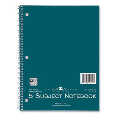 Subject Wirebound Notebook, 5-Subject, Medium/College Rule, Assorted Cover Colors, (180) 10.5 x 8 Sheets, 12/Carton