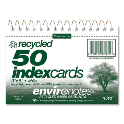 Environotes Wirebound Recycled Index Cards, Narrow Rule, 3 x 5, White, 50 Cards, 24/Carton
