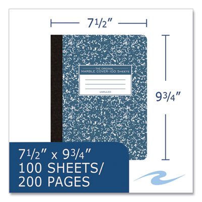Hardcover Marble Composition Book, Unruled, Blue Marble Cover, (100) 9.75 x 7.5 Sheets, 24/Carton