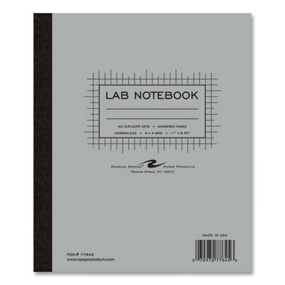 Lab And Science Two-Part Carbonless Notebook, Quadrille Rule (4 Sq/In), Gray Cover, (50) 11 x 9.25 Sheets, 12/Carton