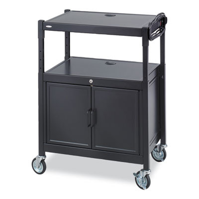 Steel Adjustable Av Cart With Cabinet, Metal, 3 Shelf, 6 Ac Outlets, 40 Lb Capacity, 26.75 x 20.5 x 42, Black