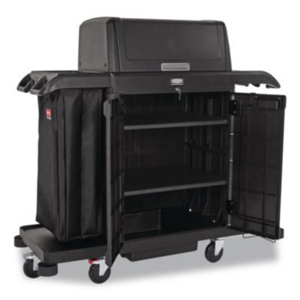 Housekeeping Cart With Hood And Doors, Plastic, 4 Shelves,1 Bin, 24.4 x 62.4 x 56.9, Black