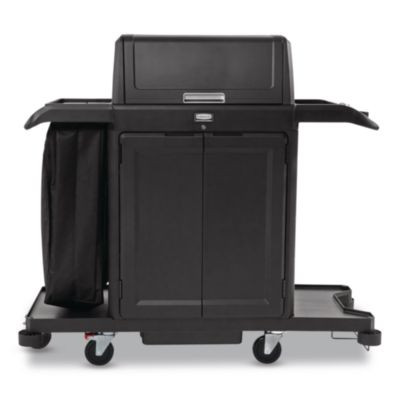Housekeeping Cart With Hood And Doors, Plastic, 4 Shelves,1 Bin, 24.4 x 62.4 x 56.9, Black