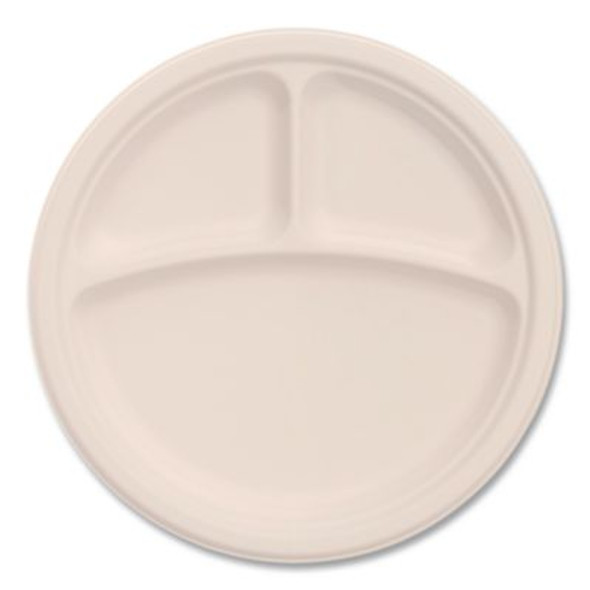 Compostable Molded Fiber Dinnerware, Proplanet Seal, 3-Compartment Plate, 9" Dia, Natural, 500/Carton