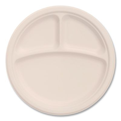 Compostable Molded Fiber Dinnerware, Proplanet Seal, 3-Compartment Plate, 9" Dia, Natural, 500/Carton