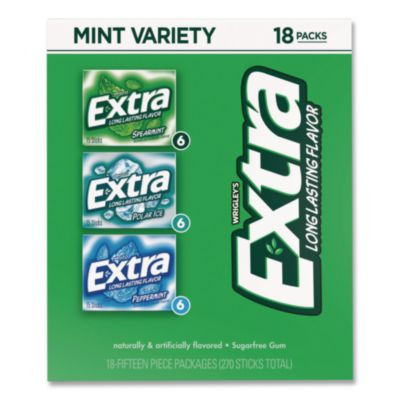 Extra Mint Variety Sugar-Free Gum, Peppermint/Polar Ice/Spearmint, 15 Sticks/Pack, 18 Packs/Carton
