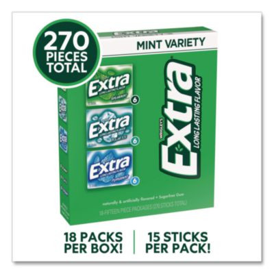 Extra Mint Variety Sugar-Free Gum, Peppermint/Polar Ice/Spearmint, 15 Sticks/Pack, 18 Packs/Carton
