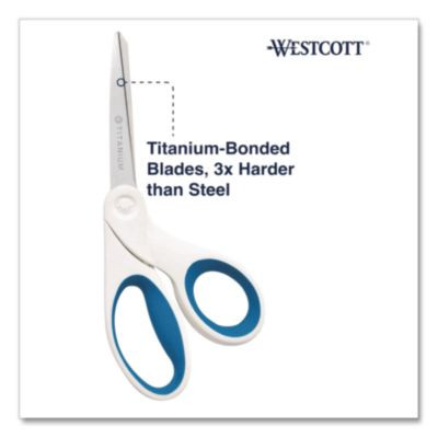 Non-Stick Titanium Bonded Scissors, 8" Long, 3.25" Cut Length, Crane-Style White/Blue Handle