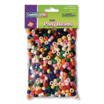 Pony Beads, Plastic, 0.24" x 0.35", Assorted Bright Hues, 1,000/Pack