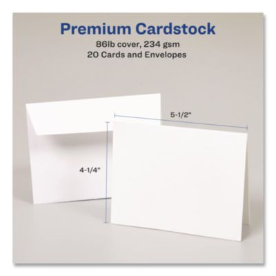 Quarter-Fold Greeting Cards With Matching Envelopes, 80 Lb, 5.5 x 4.25, Matte White, 1 Card/Sheet, 20 Sheets/Pack