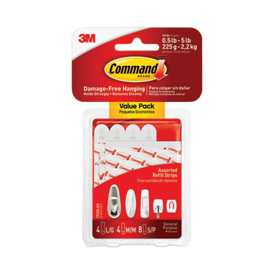 Damage-Free Hanging Indoor Refill Strips, (8) Small (0.63" x 1.81"), (4) Med (0.63" x 2.75"), (4) Large (0.75" x 3.65"),White