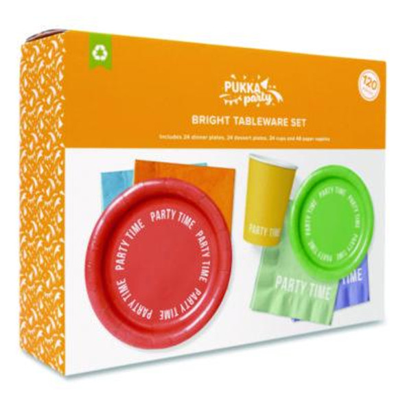 Birthday Tableware Pack, 24 Cups, 24 Dessert Plates, 24 Dinner Plates, 48 Paper Napkins, Assorted Colors, 120 Pieces/Kit