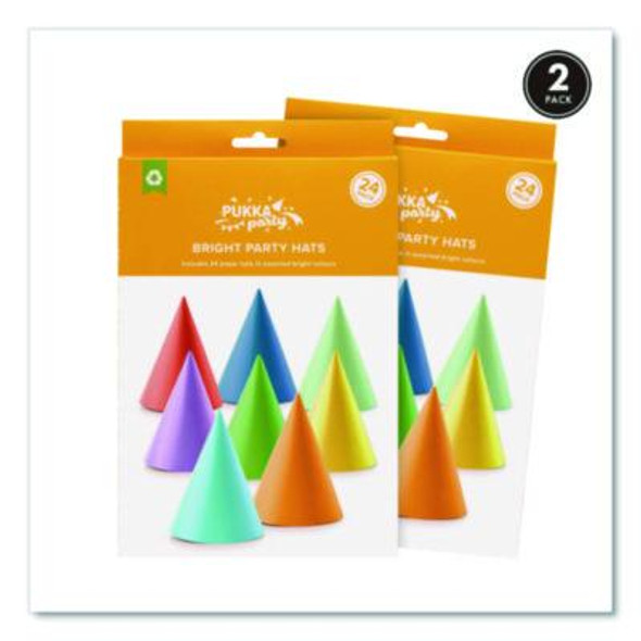 Bright Party Hats, Paper, 4.3 x 6, Assorted Bright Colors, 24/Pack, 2 Packs/Box