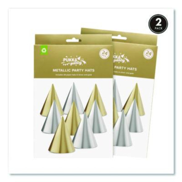 Silver And Gold Party Hats, Paper, 4.3 x 6, 24/Pack, 2 Packs/Box