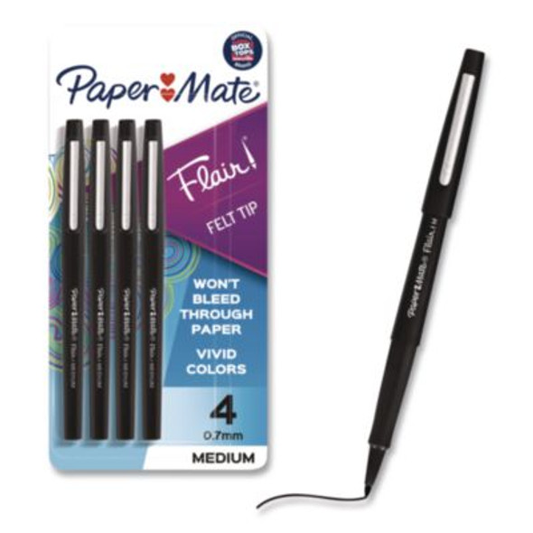 Flair Felt Tip Porous Point Pen, Stick, Medium 0.7 Mm, Black Ink, Black Barrel, 4/Pack