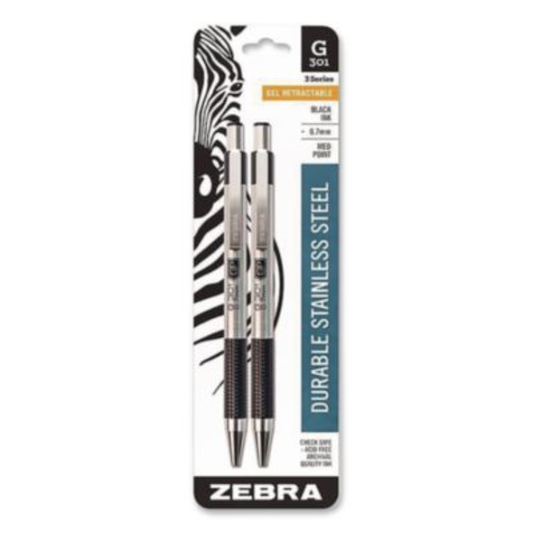G-301 Gel Pen, Retractable, Medium 0.7 Mm, Black Ink, Stainless Steel/Black Barrel, 2/Pack