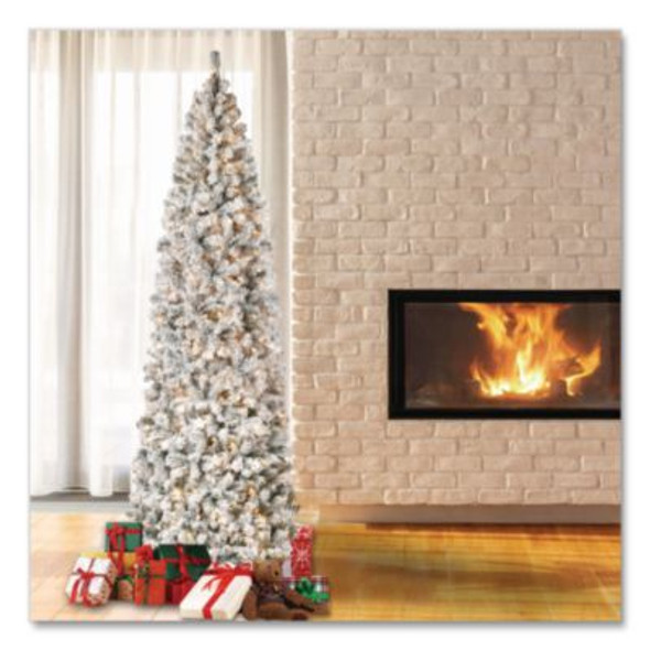 Pre-Lit Acacia Flocked Slim Tree, 35" x 35" x 108", Green Tree, Green Tree Stand