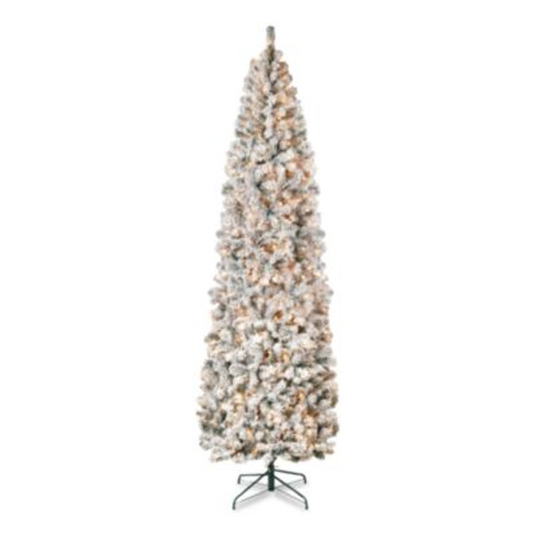 Pre-Lit Acacia Flocked Slim Tree, 35" x 35" x 108", Green Tree, Green Tree Stand
