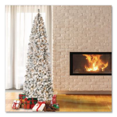 Pre-Lit Acacia Flocked Slim Tree, 35" x 35" x 108", Green Tree, Green Tree Stand