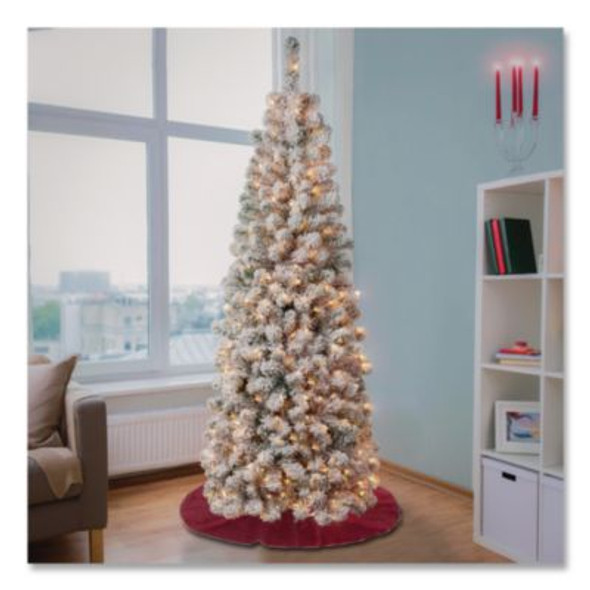 Pre-Lit Acacia Flocked Slim Tree, 24" x 24" x 70.8", Green Tree, Green Tree Stand