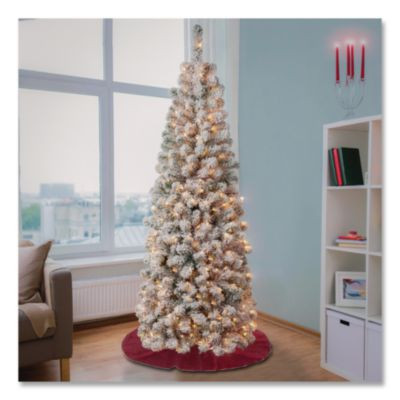 Pre-Lit Acacia Flocked Slim Tree, 24" x 24" x 70.8", Green Tree, Green Tree Stand