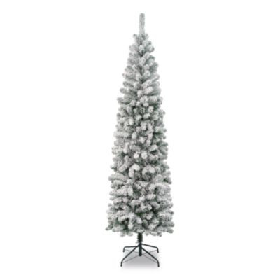 Acacia Pencil Slim Flocked Tree, 26" x 26" x 88.5", Green Tree, Green Tree Stand
