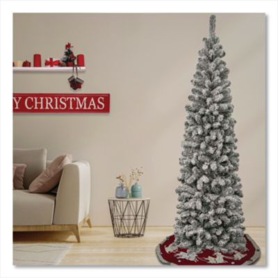 Acacia Pencil Slim Flocked Tree, 26" x 26" x 88.5", Green Tree, Green Tree Stand