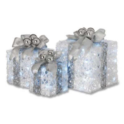 Pre-Lit Decorated White Gift Box Assortment, Ac Powered, Cool White Led Lights, 8", 10", 12", White
