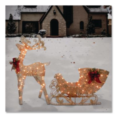 Champagne Reindeer Pulling Sleigh, Ac Power, Warm White Led Lights, 13.5" x 24" x 48" Reindeer, 13.5" x 38.5" x 24" Sleigh