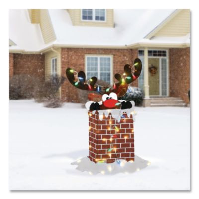 Pre-Lit Reindeer Stuck In Chimney Decoration, Ac Powered, Blue/Green/Red/Yellow Led Lights, 12" x 33" x 47", Red