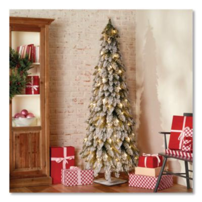 Pre-Lit Snowy Downswept Forest Slim Tree, 19" x 19" x 60", Green Tree, White Square Metal Plate