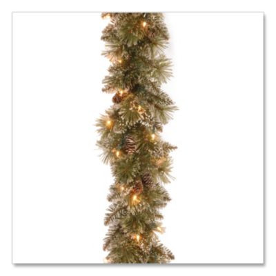 Pre-Lit Glittery Bristle Pine Garland, Ac Powered, Clear Incandescent Lights, 108" Long, Green