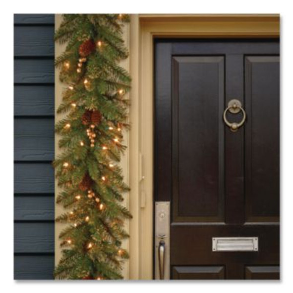 Pre-Lit Glittery Pine Gold Garland, Ac Powered, Clear Incandescent Lights, 108" Long, Green