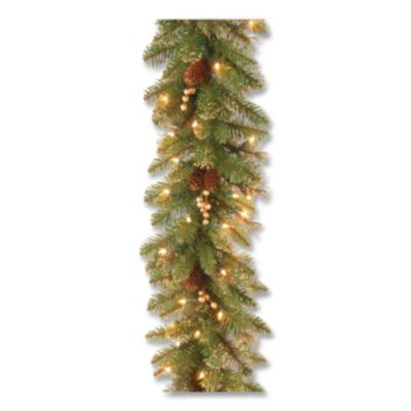 Pre-Lit Glittery Pine Gold Garland, Ac Powered, Clear Incandescent Lights, 108" Long, Green