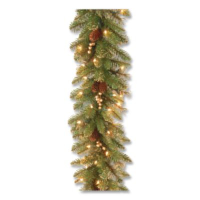 Pre-Lit Glittery Pine Gold Garland, Ac Powered, Clear Incandescent Lights, 108" Long, Green