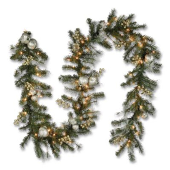 Pre-Lit Glittery Pine Pomegranate Garland, Ac Powered, Clear Incandescent Lights, 108" Long, Green