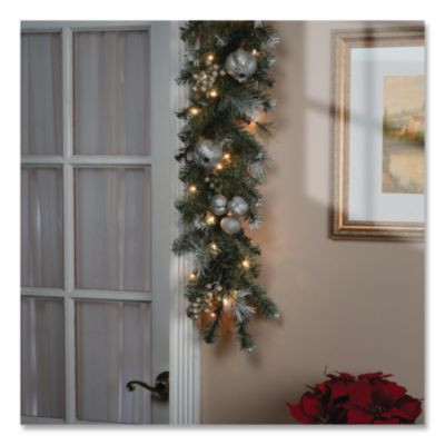 Pre-Lit Glittery Pine Pomegranate Garland, Ac Powered, Clear Incandescent Lights, 108" Long, Green