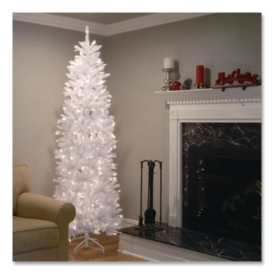 Pre-Lit Kingswood Fir Pencil Slim Tree, 35" x 35" x 108", White Tree, White Tree Stand